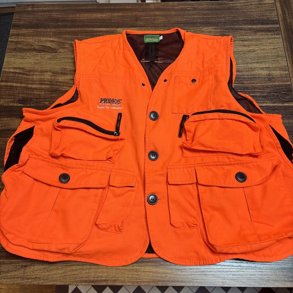 Primos Vest Mens L Blaze Orange Gunhunters Hunting Safety Cargo Pockets Mesh EUC